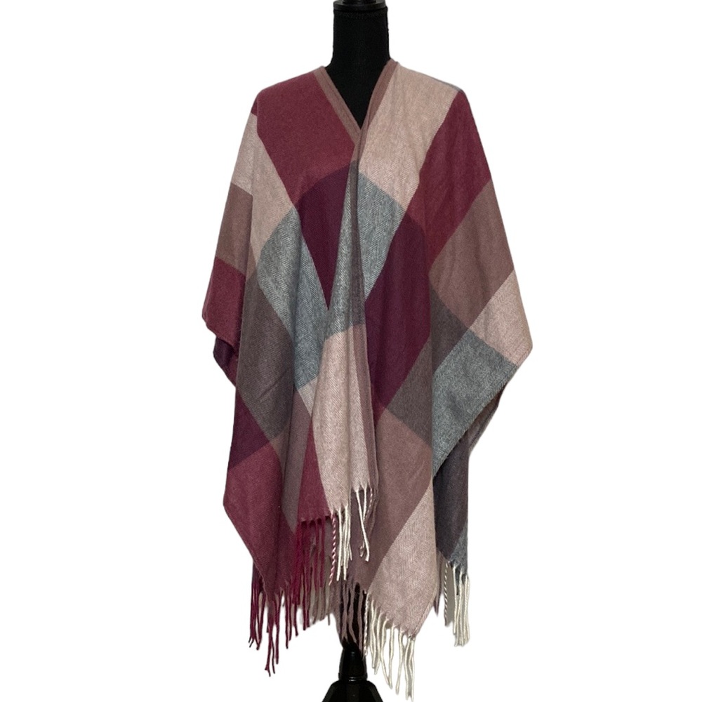 Woolrich Red Plaid Wool Blend Open Front Poncho